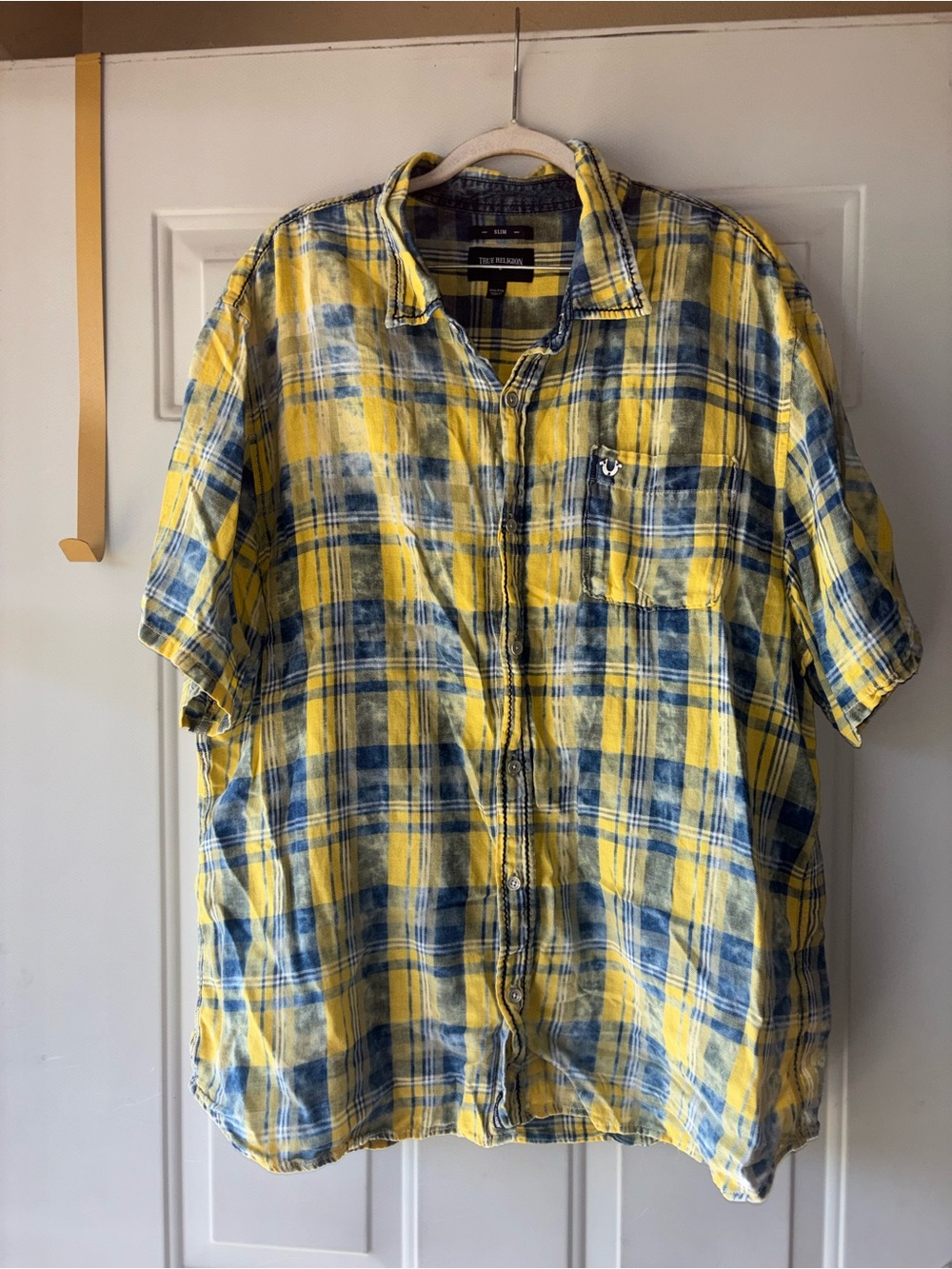 True Religion slim fit yellow/blue plaid shirt size XXXL